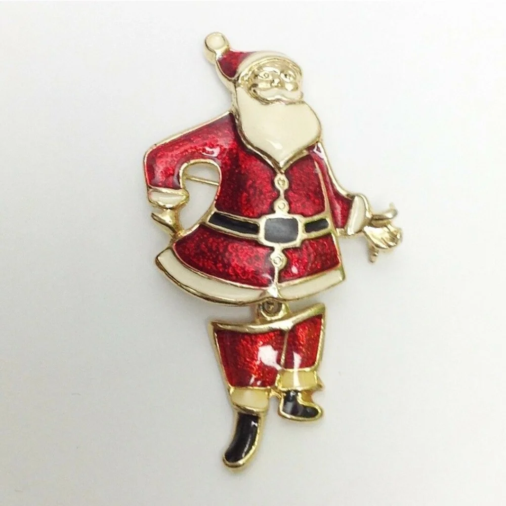 Santa Claus Articulated Movable Christmas Enamel Brooch Red Gold Vintage Pin